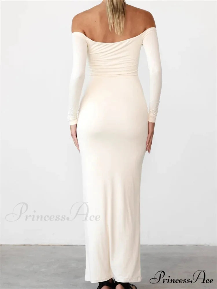 Women Elegant Slash Neck Off-shoulder Solid Color Slim Fit Fall Cocktail Party Female Vestidos