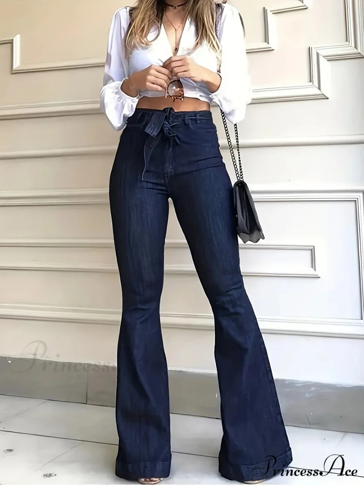 Women Fashion Blue Denim High-Stretch Bell Bottom Legs Denim Pants Women Solid Color High Waist Flare Jeans