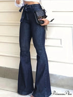 Women Fashion Blue Denim High-Stretch Bell Bottom Legs Denim Pants Women Solid Color High Waist Flare Jeans
