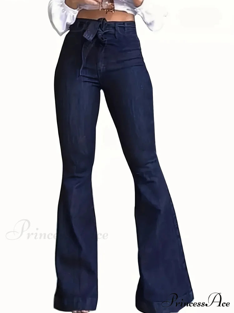 Women Fashion Blue Denim High-Stretch Bell Bottom Legs Denim Pants Women Solid Color High Waist Flare Jeans