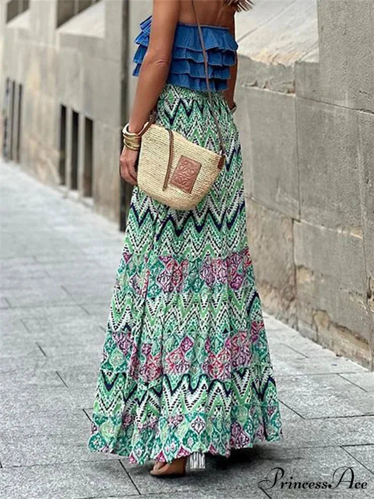Women Flowy Boho Skirt Printed Ruffled Hem Summer Vacation Club SkirtFlowy Boho Skirt Printed Ruffled Hem Vacation Club Skirt