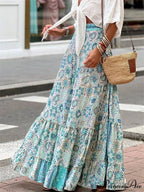 Women Flowy Boho Skirt Printed Ruffled Hem Summer Vacation Club SkirtFlowy Boho Skirt Printed Ruffled Hem Vacation Club Skirt