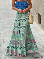 Women Flowy Boho Skirt Printed Ruffled Hem Summer Vacation Club SkirtFlowy Boho Skirt Printed Ruffled Hem Vacation Club Skirt