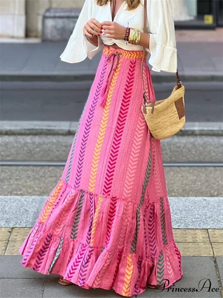 Women Flowy Boho Skirt Printed Ruffled Hem Summer Vacation Club SkirtFlowy Boho Skirt Printed Ruffled Hem Vacation Club Skirt