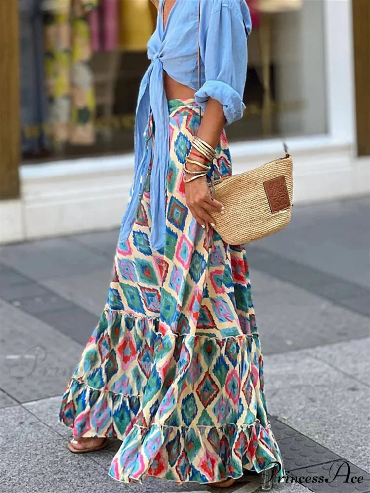 Women Flowy Boho Skirt Printed Ruffled Hem Summer Vacation Club SkirtFlowy Boho Skirt Printed Ruffled Hem Vacation Club Skirt