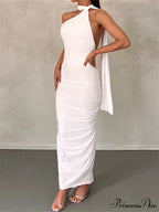 Women Halter Lace-up Sleeveless Off Shoulder Backless Ruched Party Club Solid Color Female Vestidos