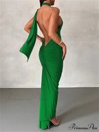 Women Halter Lace-up Sleeveless Off Shoulder Backless Ruched Party Club Solid Color Female Vestidos