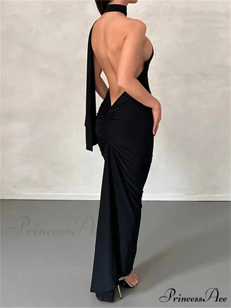Women Halter Lace-up Sleeveless Off Shoulder Backless Ruched Party Club Solid Color Female Vestidos
