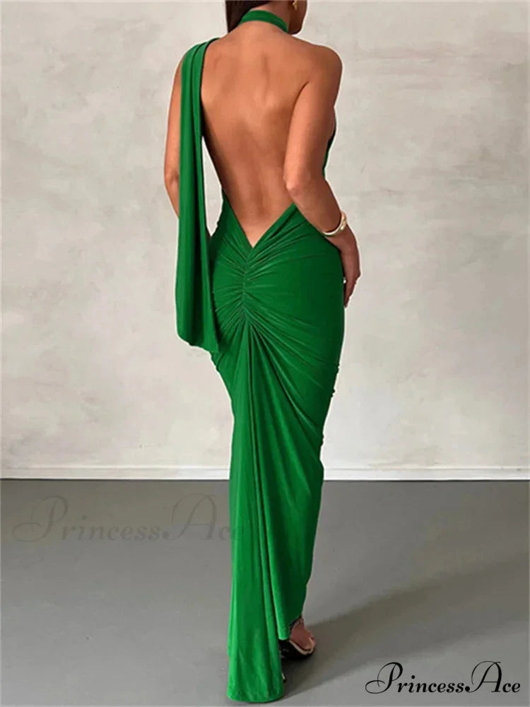 Women Halter Lace-up Sleeveless Off Shoulder Backless Ruched Party Club Solid Color Female Vestidos