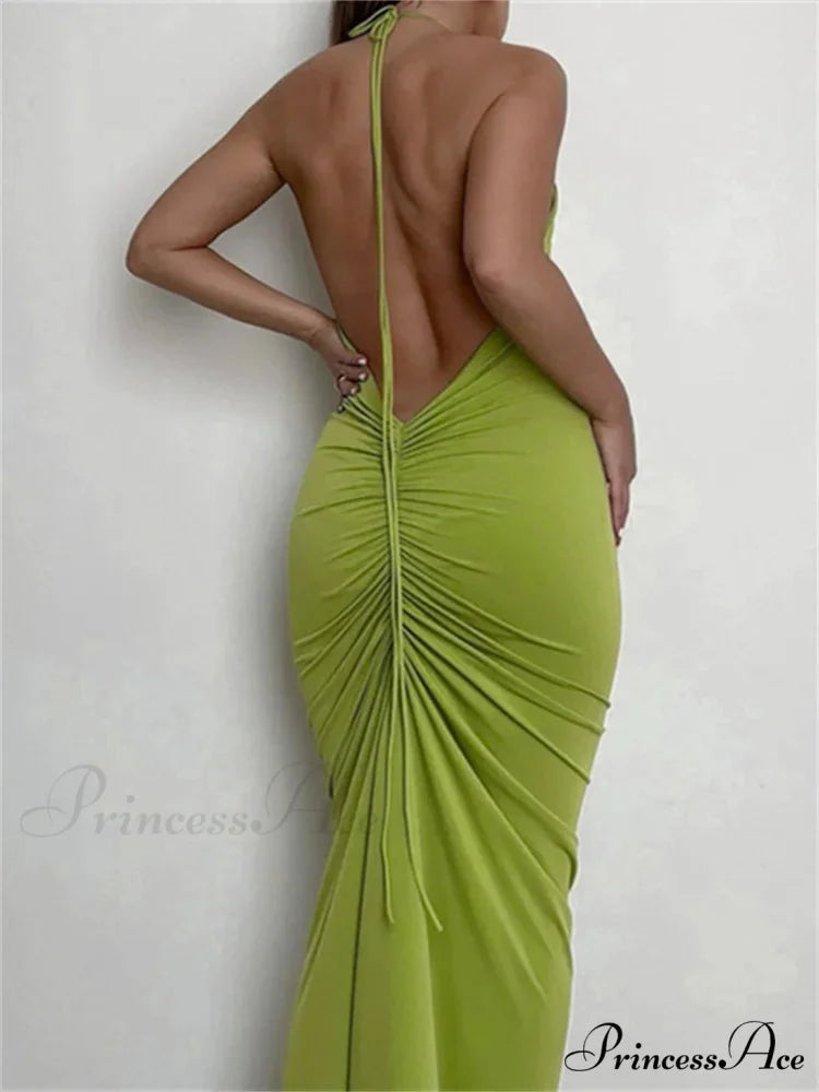 Women Halter Tie-up Backless Slim Fit Solid Ruched Summer Party Sleeveless Off Shoulder Vestido