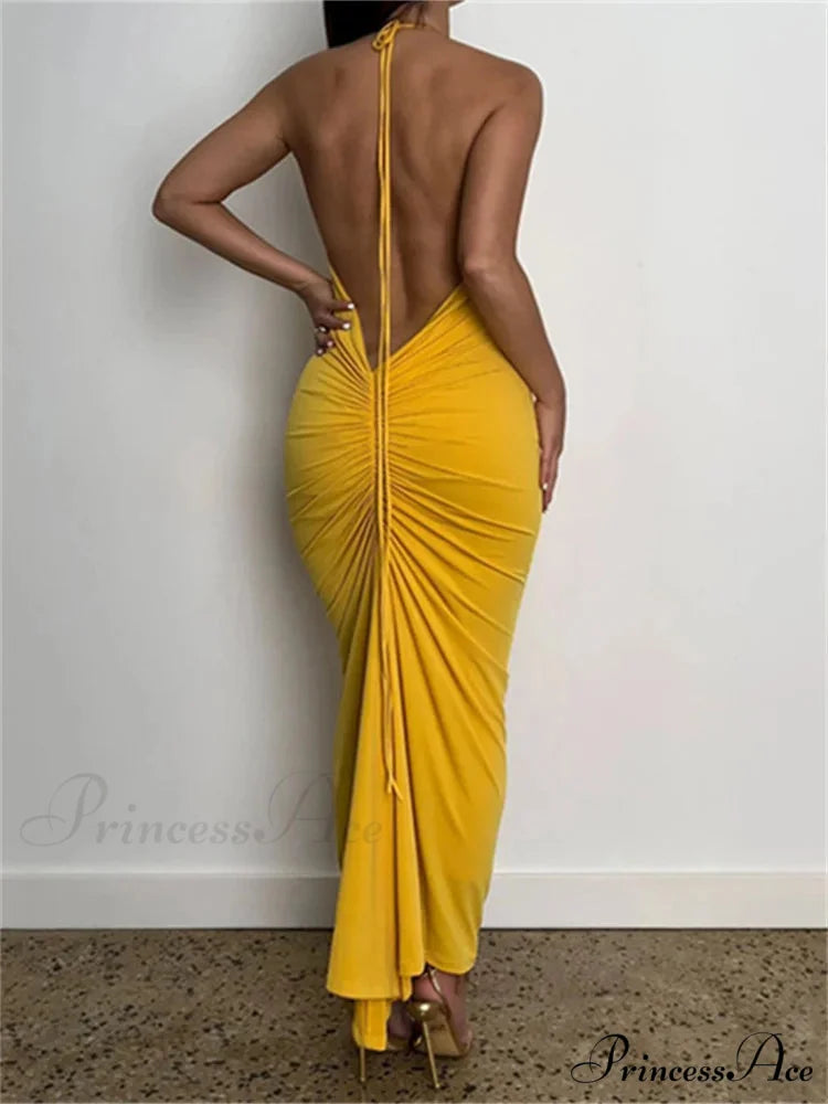 Women Halter Tie-up Backless Slim Fit Solid Ruched Summer Party Sleeveless Off Shoulder Vestido