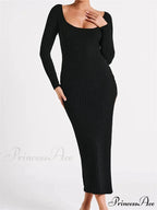 Women Knitted Bodycon Solid Color Ribbed Round Neck Sleeve Side Split Spring Fall Vestidos