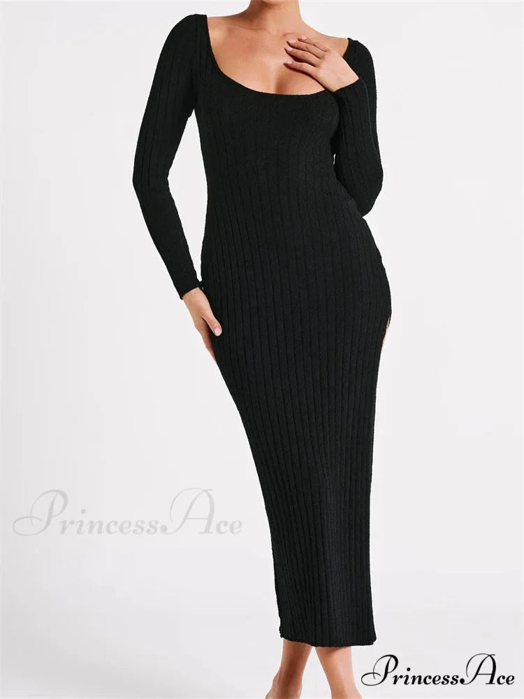 Women Knitted Bodycon Solid Color Ribbed Round Neck Sleeve Side Split Spring Fall Vestidos