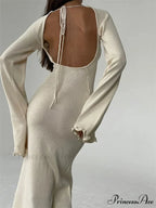 Women Knitted Flare Sleeve Backless Tie-up Round Neck Solid Color Ruffles Hem Beachwear Vestido