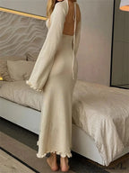 Women Knitted Flare Sleeve Backless Tie-up Round Neck Solid Color Ruffles Hem Beachwear Vestido