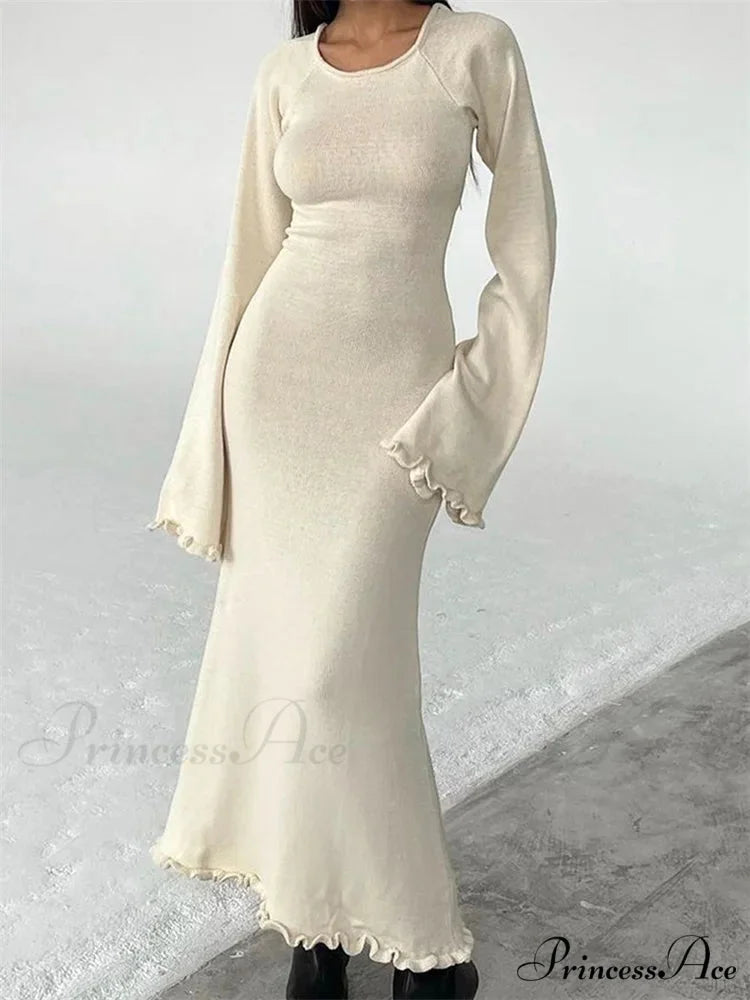 Women Knitted Flare Sleeve Backless Tie-up Round Neck Solid Color Ruffles Hem Beachwear Vestido