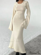 Women Knitted Flare Sleeve Backless Tie-up Round Neck Solid Color Ruffles Hem Beachwear Vestido