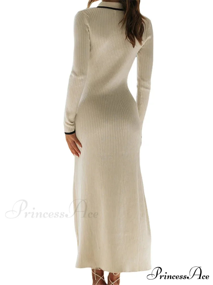 Women Knitted Sleeve Turn-down Neck Buttons Up Ribbed Party Slim Fit Fall Female Vestidos