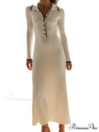 Women Knitted Sleeve Turn-down Neck Buttons Up Ribbed Party Slim Fit Fall Female Vestidos