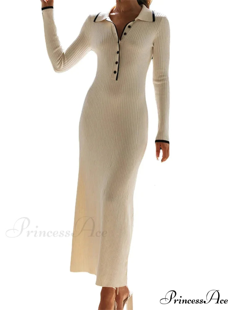 Women Knitted Sleeve Turn-down Neck Buttons Up Ribbed Party Slim Fit Fall Female Vestidos