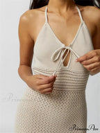 Women Knitted Sleeveless Halter Tie-up Backless Hollow Out Summer Off Shoulder Beach Female Vestidos