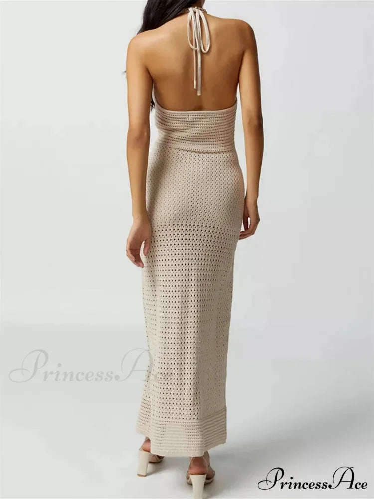 Women Knitted Sleeveless Halter Tie-up Backless Hollow Out Summer Off Shoulder Beach Female Vestidos