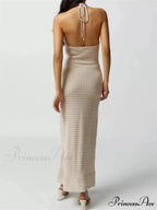 Women Knitted Sleeveless Halter Tie-up Backless Hollow Out Summer Off Shoulder Beach Female Vestidos