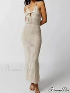 Women Knitted Sleeveless Halter Tie-up Backless Hollow Out Summer Off Shoulder Beach Female Vestidos