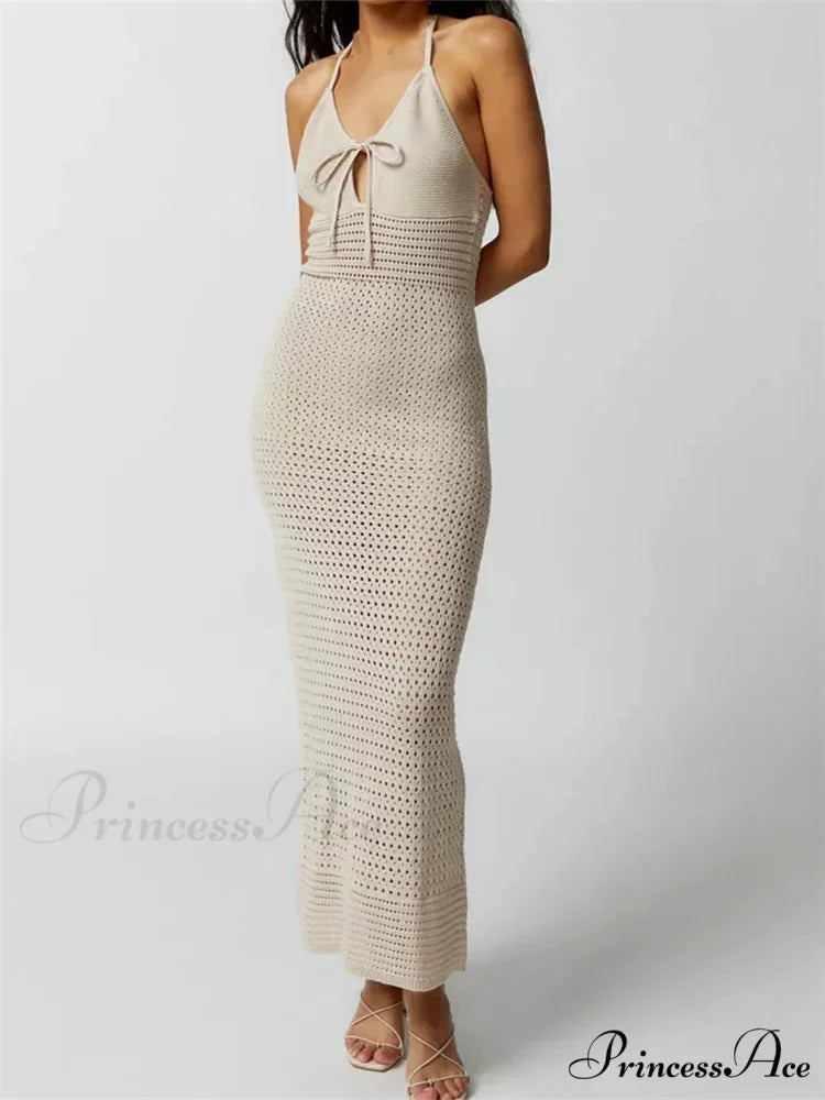Women Knitted Sleeveless Halter Tie-up Backless Hollow Out Summer Off Shoulder Beach Female Vestidos