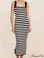 Women Knitted Sleeveless Square Neck Striped Print Beach Tank Side Split Summer Female Vestidos