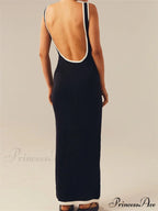 Women Knitted Tank Summer Contrast Color Hollow Out Backless Party Cocktail Beach Club Vestido Streetwear