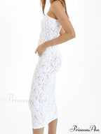 Women Lace Floral See Through Mid Elegant Sleeveless Criss-cross Off Shoulder Party Summer Vestidos