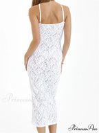 Women Lace Floral See Through Mid Elegant Sleeveless Criss-cross Off Shoulder Party Summer Vestidos