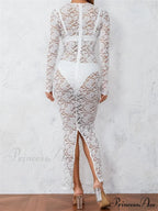 Women Lace Floral See Through Vintage Sleeve Round Neck Solid Back Split Party Female Vestidos