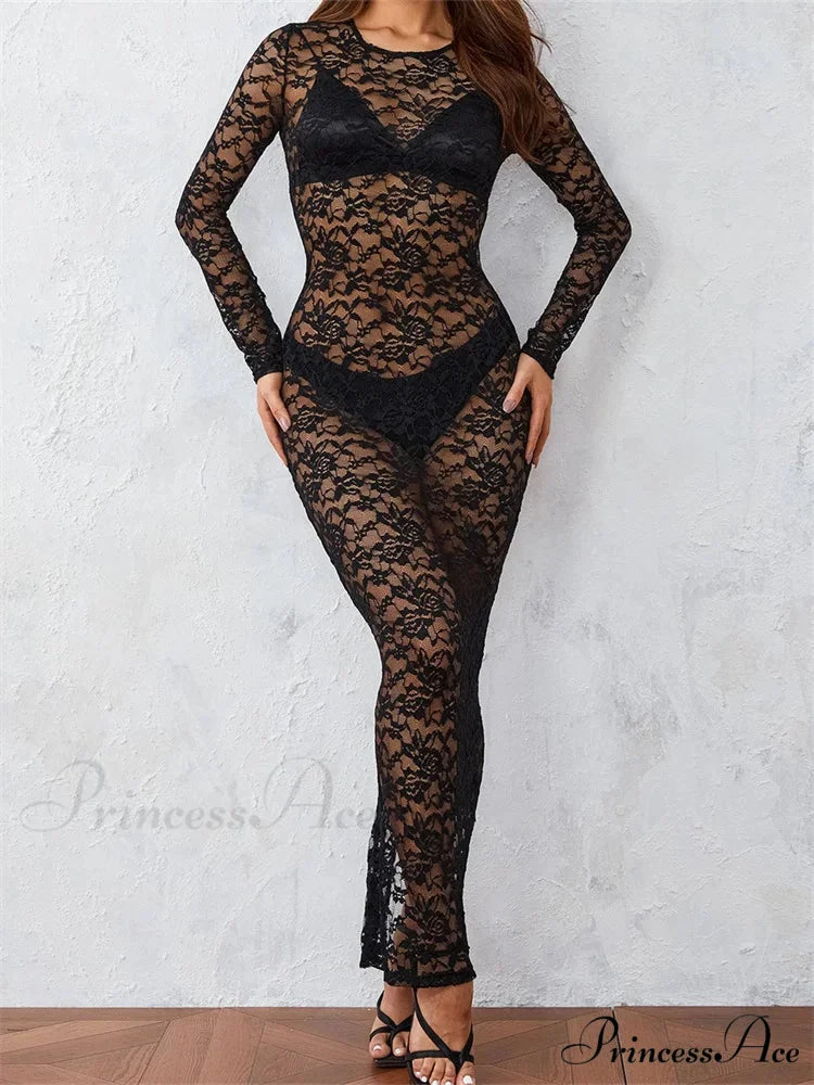 Women Lace Floral See Through Vintage Sleeve Round Neck Solid Back Split Party Female Vestidos