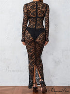 Women Lace Floral See Through Vintage Sleeve Round Neck Solid Back Split Party Female Vestidos