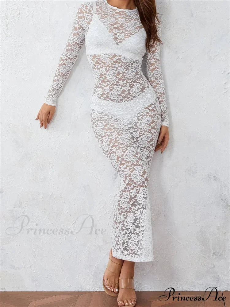 Women Lace Floral See Through Vintage Sleeve Round Neck Solid Back Split Party Female Vestidos