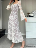 Women Lace Flower Flare Sleeve Square Neck Tie-up Spring Fall Solid Party Female Vestidos
