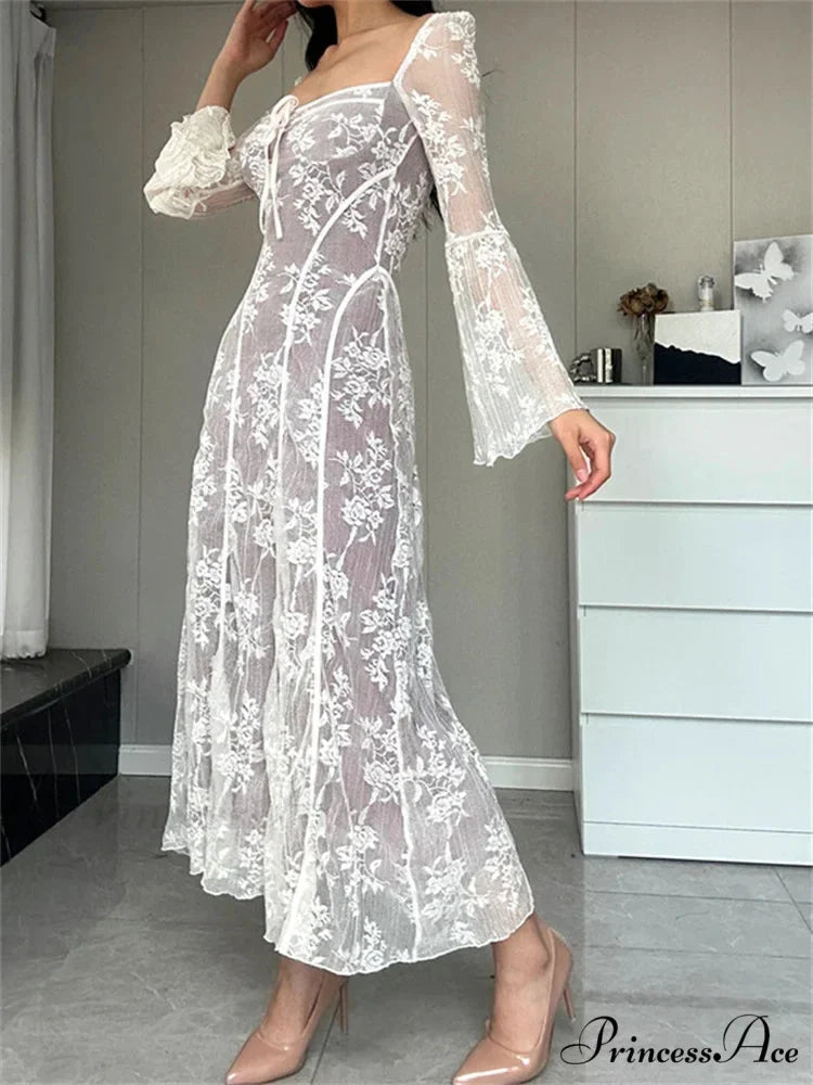 Women Lace Flower Flare Sleeve Square Neck Tie-up Spring Fall Solid Party Female Vestidos