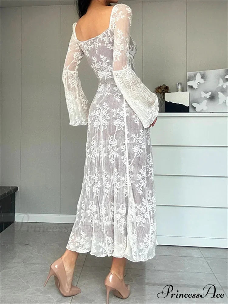 Women Lace Flower Flare Sleeve Square Neck Tie-up Spring Fall Solid Party Female Vestidos