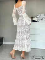 Women Lace Flower Flare Sleeve Square Neck Tie-up Spring Fall Solid Party Female Vestidos