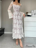 Women Lace Flower Flare Sleeve Square Neck Tie-up Spring Fall Solid Party Female Vestidos