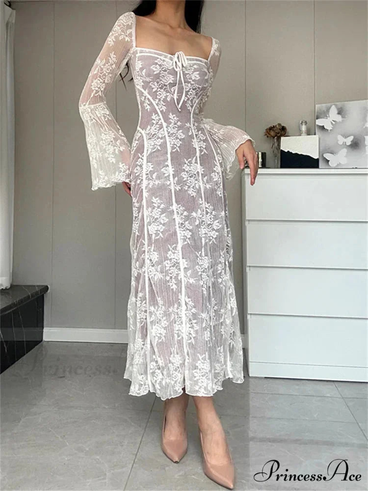 Women Lace Flower Flare Sleeve Square Neck Tie-up Spring Fall Solid Party Female Vestidos