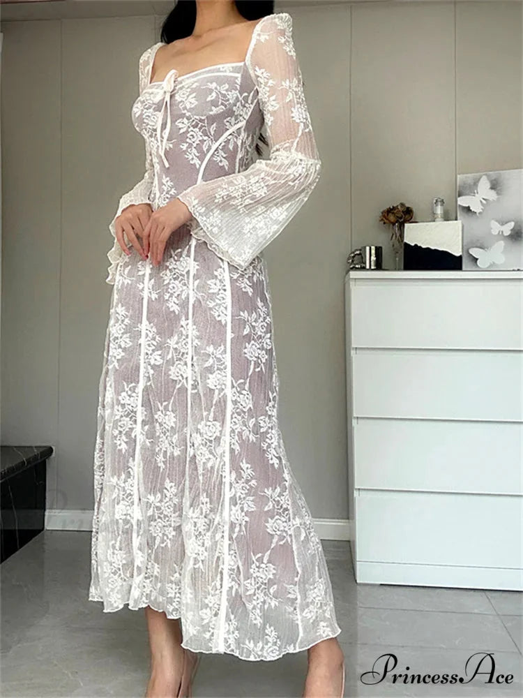 Women Lace Flower Flare Sleeve Square Neck Tie-up Spring Fall Solid Party Female Vestidos