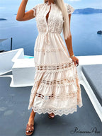 Women Lace Hollow Out Sleeve Front Buttons Up V-Neck Patchwork Loose Party Female Vestidos