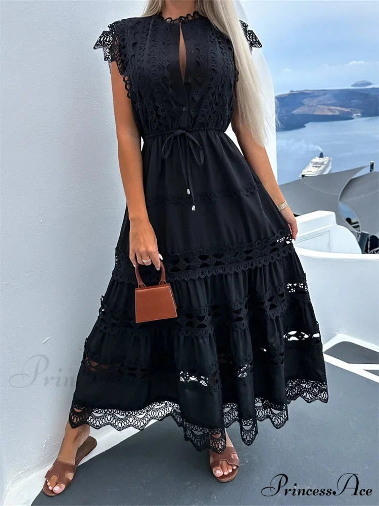 Women Lace Hollow Out Sleeve Front Buttons Up V-Neck Patchwork Loose Party Female Vestidos