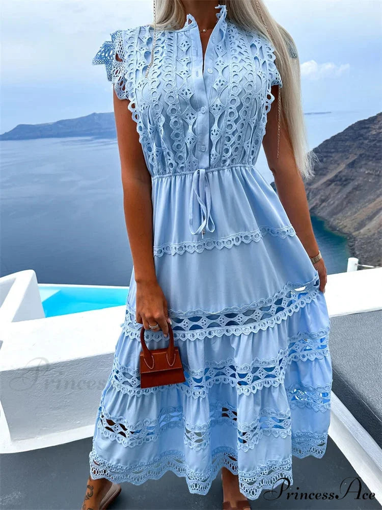 Women Lace Hollow Out Sleeve Front Buttons Up V-Neck Patchwork Loose Party Female Vestidos