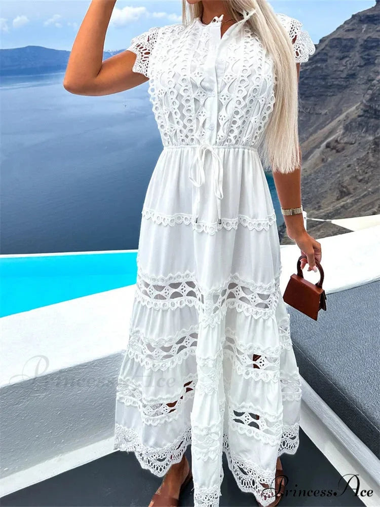 Women Lace Hollow Out Sleeve Front Buttons Up V-Neck Patchwork Loose Party Female Vestidos