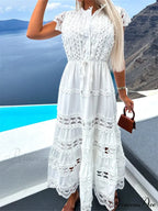 Women Lace Hollow Out Sleeve Front Buttons Up V-Neck Patchwork Loose Party Female Vestidos