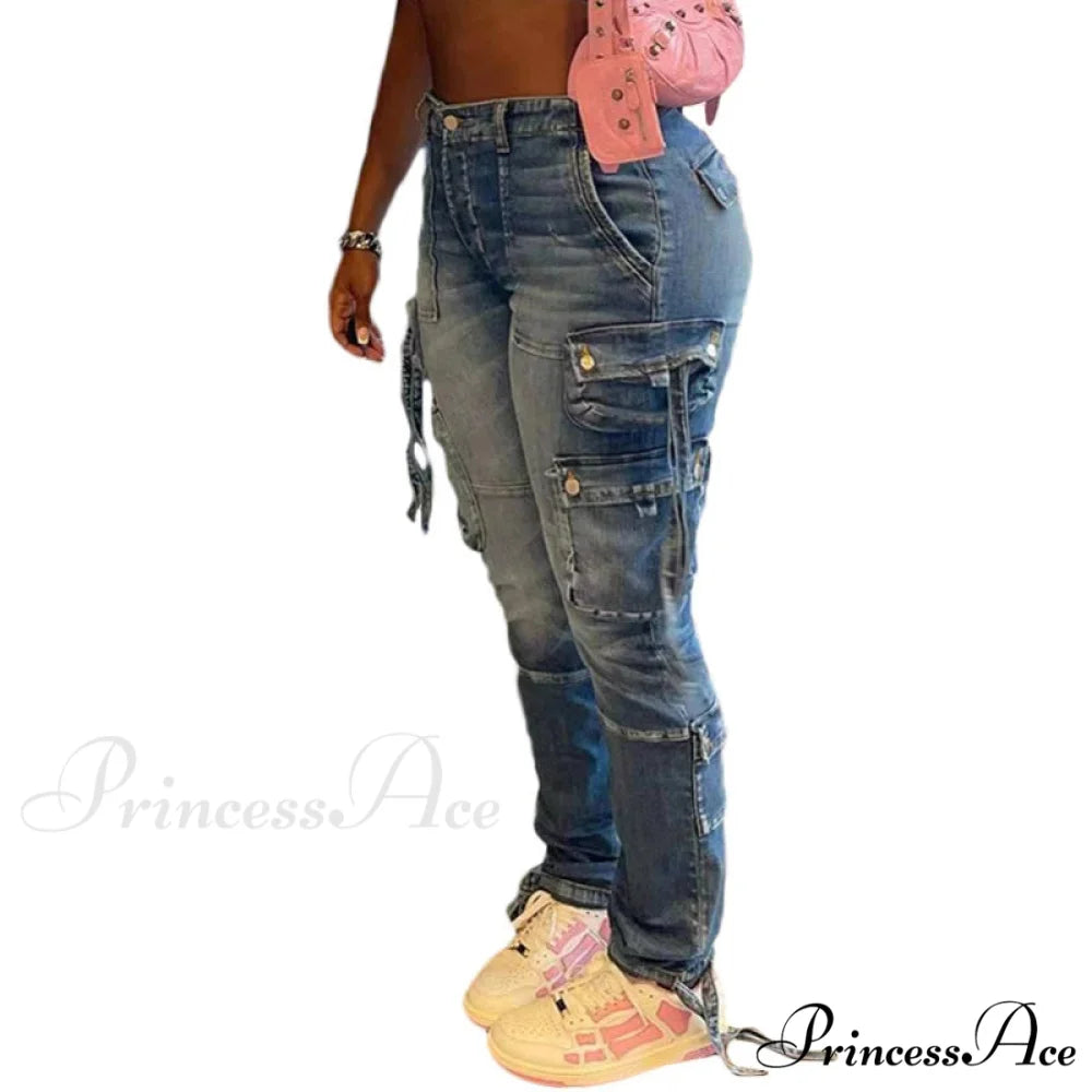 Women Long Cargo Pant Slim Fit Regular Y2K Casual Slim Fit Low Waist Splice Denim Trousers Zipper Summer Jeans